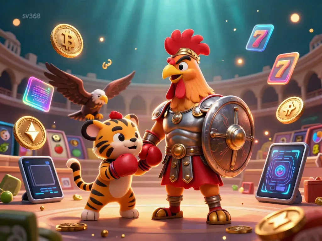 Experience the excitement of sv368 with a dynamic scene featuring a gladiator rooster, a tiger cub, and glowing cryptocurrency elements in an immersive casino atmosphere.
