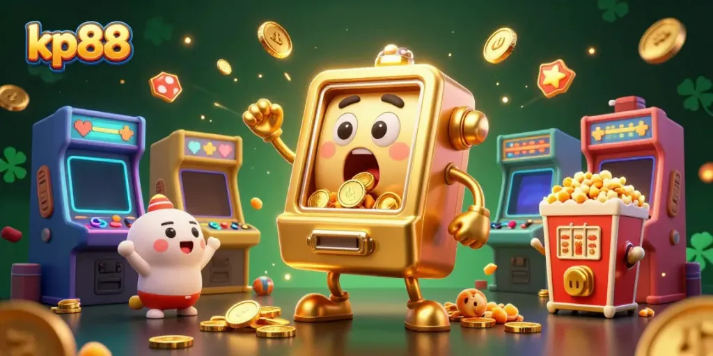 Catch the excitement at kp88 with a golden slot machine hitting the jackpot, surrounded by cheering baby machines and game elements.