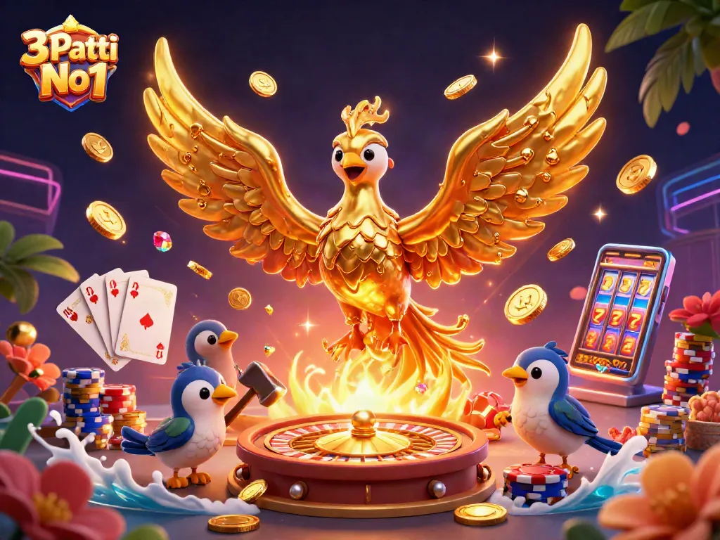 Experience the thrilling gameplay of 3 Patti No1 with a dynamic scene of card games, gold coins, and excitement.
