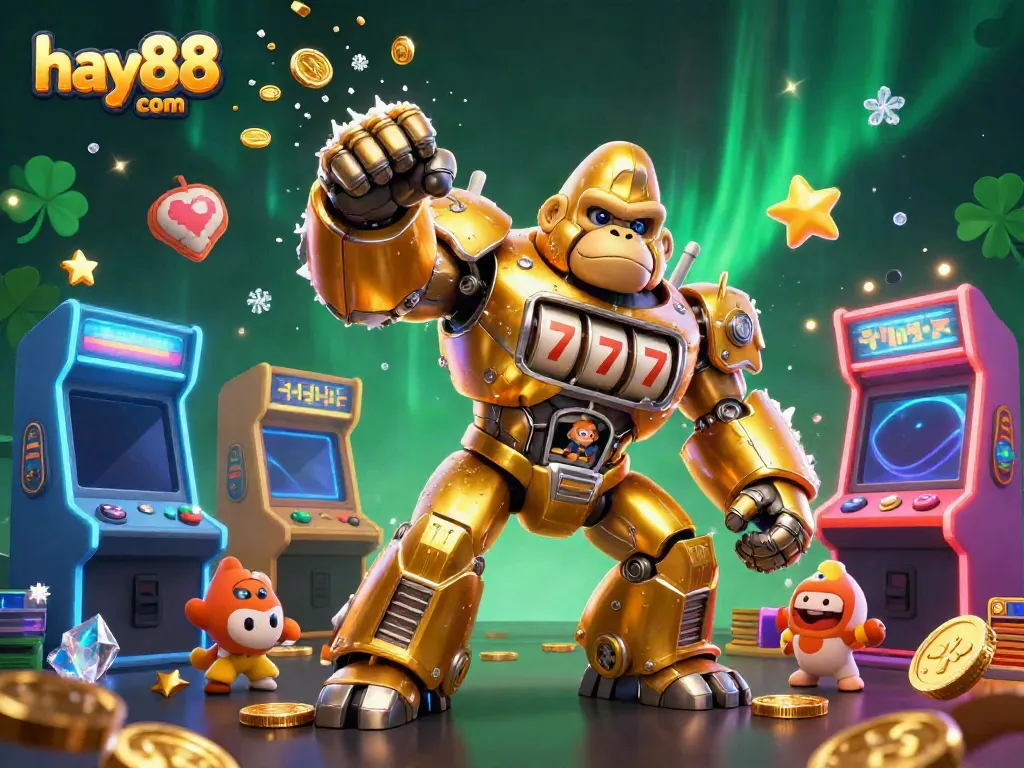 Experience exciting casino gameplay at hay88 com with a vibrant golden gorilla mech amidst colorful gaming elements and dynamic action.