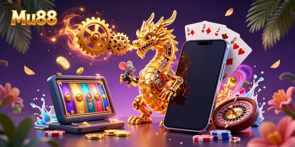 Experience the thrill of Mu88 with a stunning illustration of a golden dragon and vibrant casino elements.
