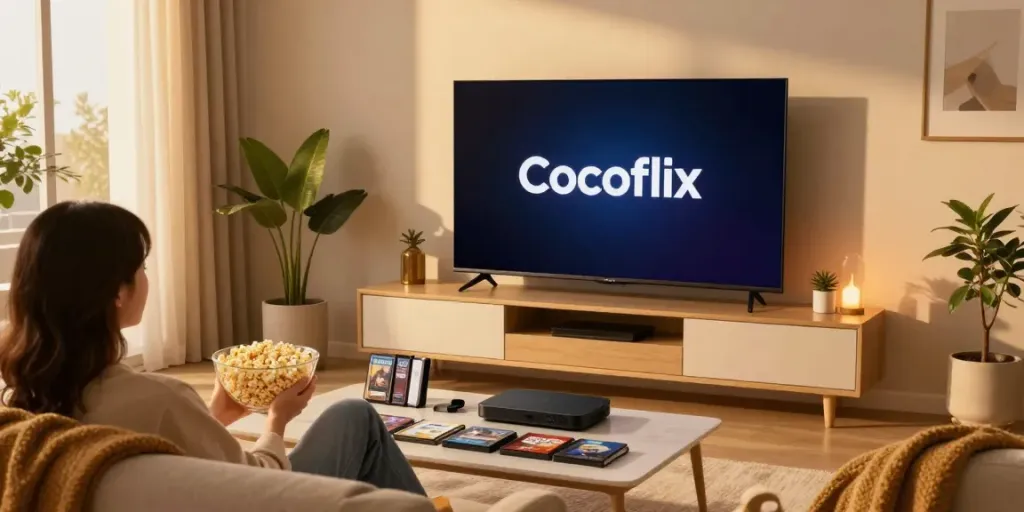 Enjoy Cocoflix streaming on a cozy sofa with popcorn.