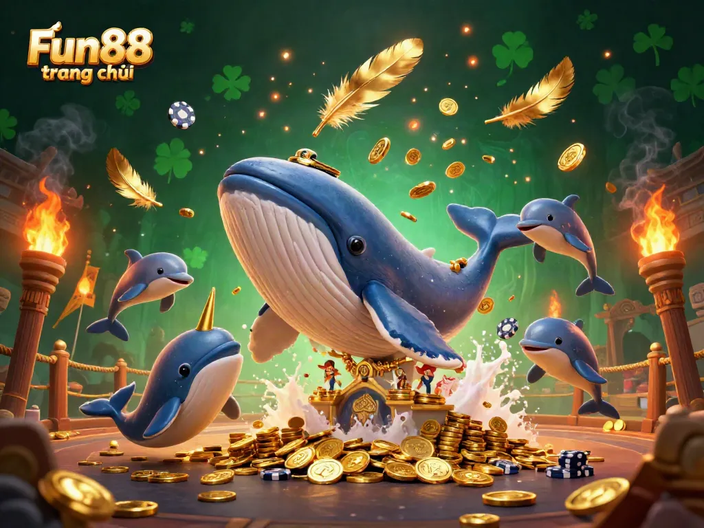Experience the excitement at Fun88 trang chủ with a cartoon whale, narwhal, and dolphins amid casino elements.
