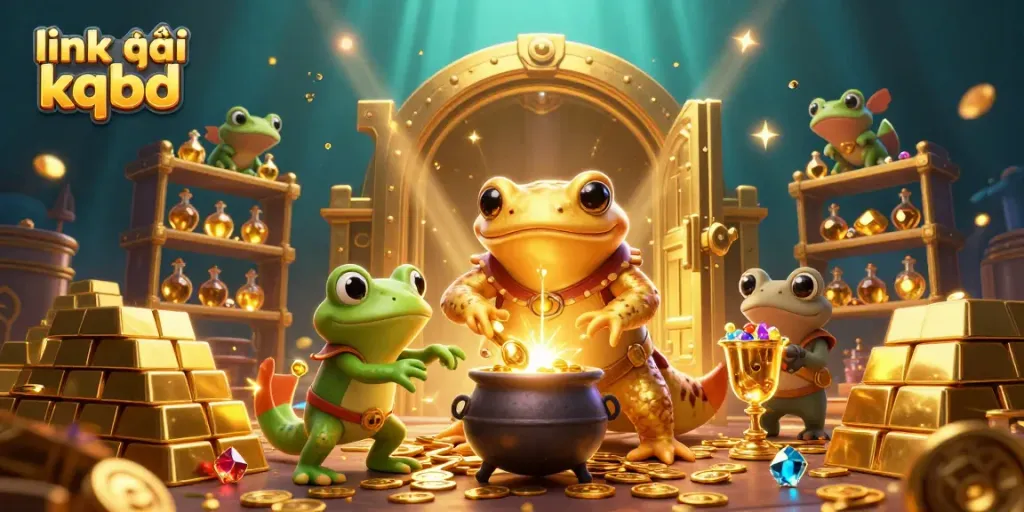 Experience link vào kqbd with a vibrant 3D scene of a golden salamander alchemist creating wealth.