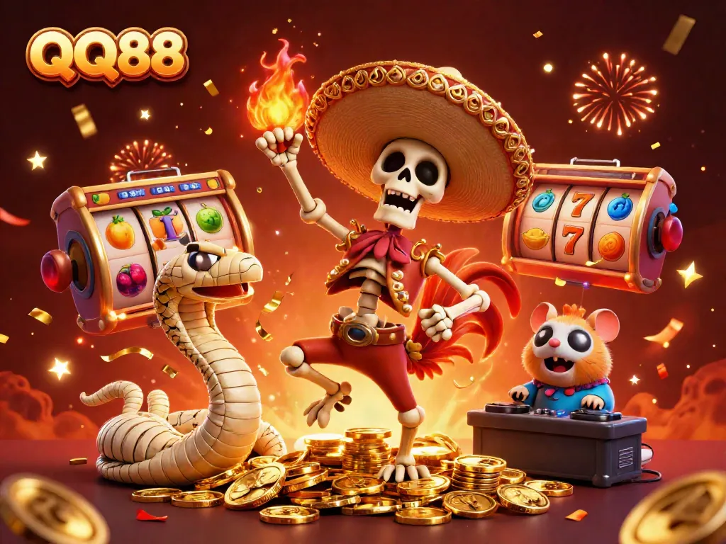 Experience the excitement of QQ88 with a festive casino scene featuring colorful characters and vibrant symbols.