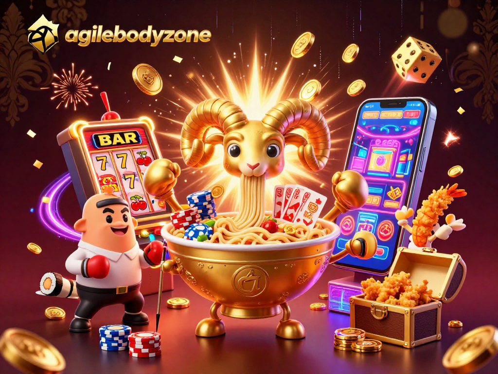 Watch agilebodyzone's vibrant gambling scene with a golden ramen bowl dealer and jackpot excitement.