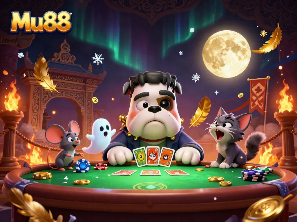 Mu88 features a 3D cartoon Frankenstein bulldog monster dealing cards in an enchanting casino setting, with gold elements.