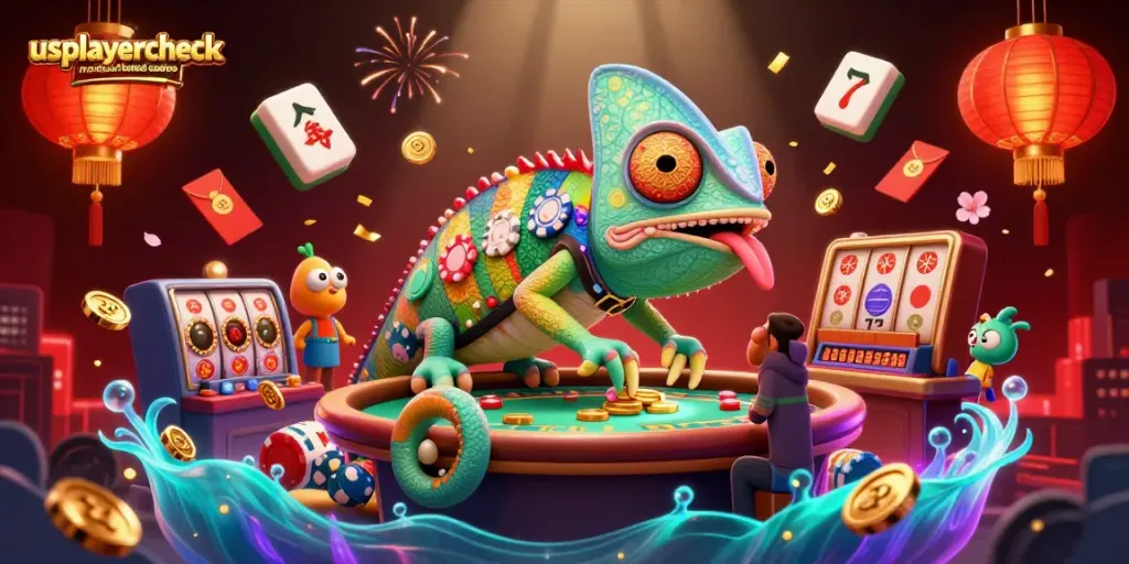 A vibrant illustration showcasing usplayercheck no deposit bonus casinos with a colorful chameleon character surrounded by casino elements.