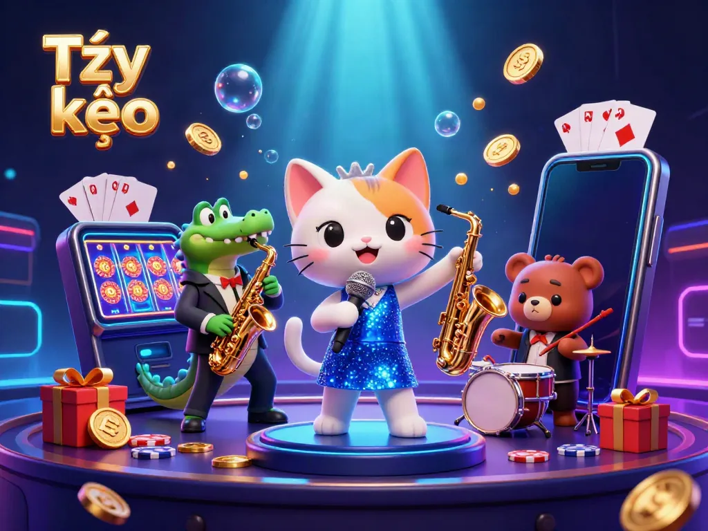 Engage with the dynamic scene of Tỷ lệ kèo featuring a singing cat, crocodile saxophonist, and bear drummer in a vibrant casino.