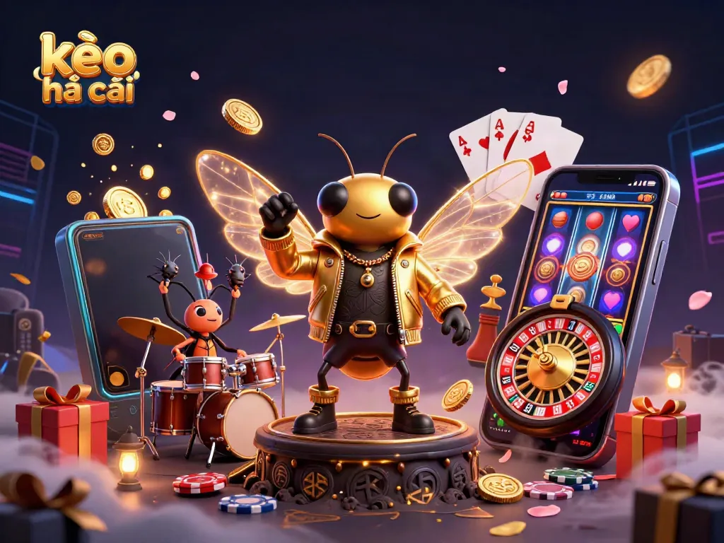 Engaging "kèo nhà cái" illustration featuring a vibrant rock star cicada with dynamic casino elements.