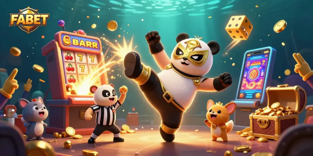 Experience thrilling gameplay at FABET with a vibrant 3D casino scene featuring a panda and exciting slot elements.