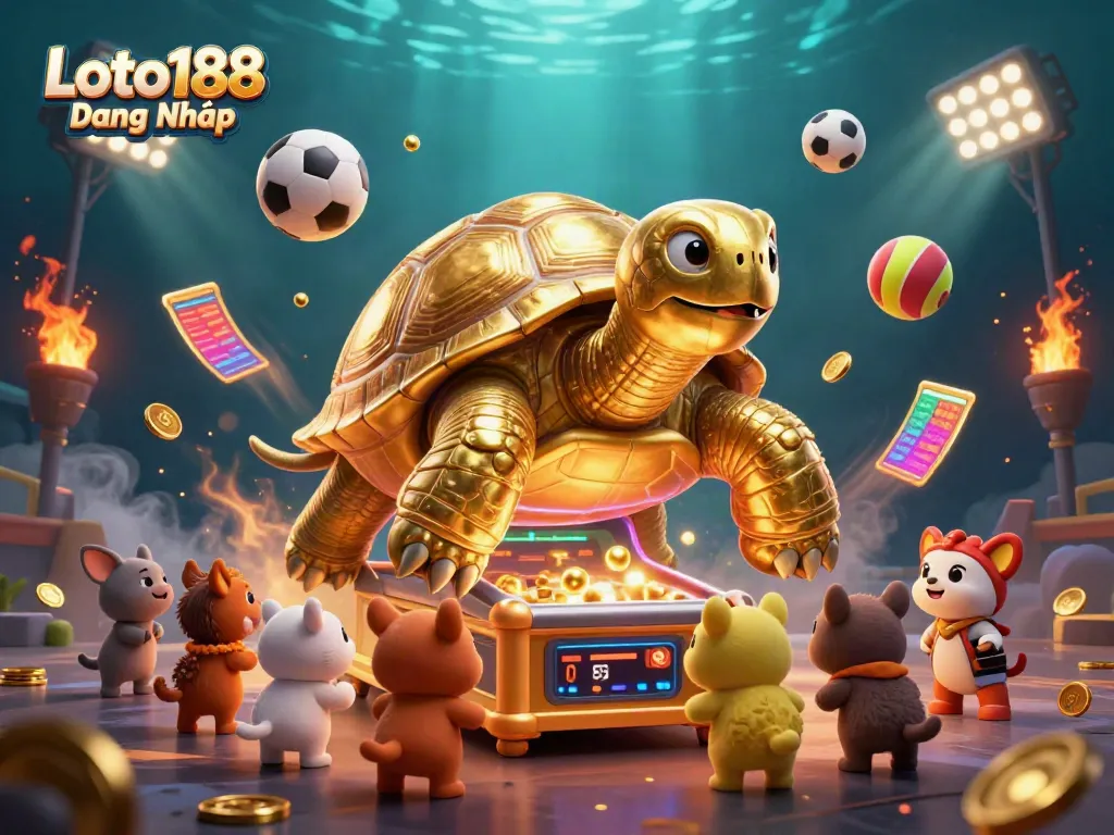 Loto188 Đăng Nhập showcases a joyful gaming environment with a golden tortoise pinball machine surrounded by sports elements.