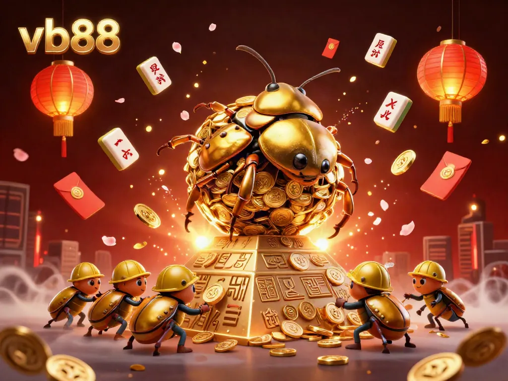 Experience the excitement at vb88 with animated beetles rolling golden coins in a vibrant casino scene.