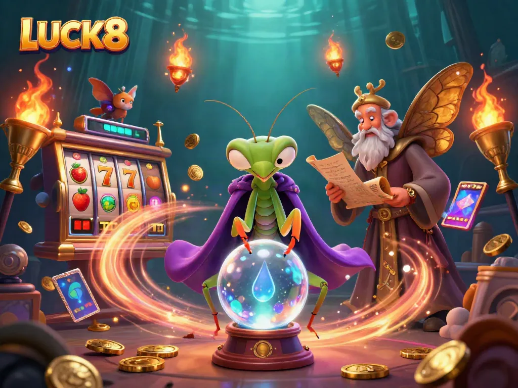 Witness the magic of LUCK8 with a vibrant scene of a praying mantis fortune teller and moth librarian among slot game elements.