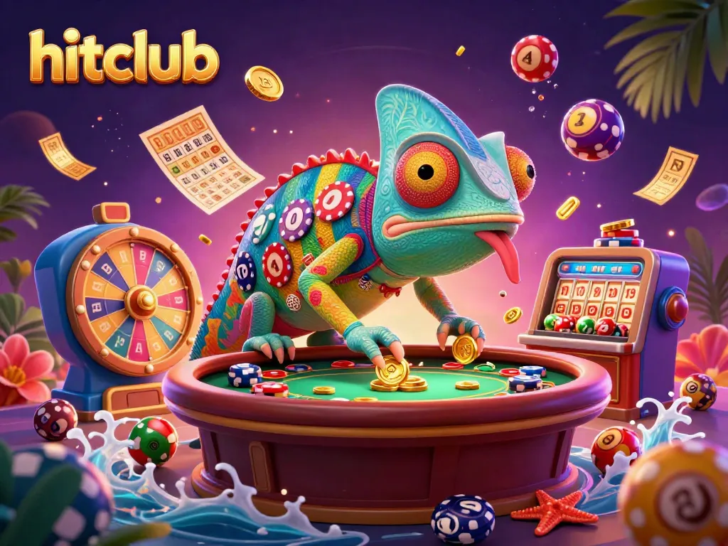 Experience vibrant gaming action at hitclub with a colorful chameleon casino owner and dynamic game elements.