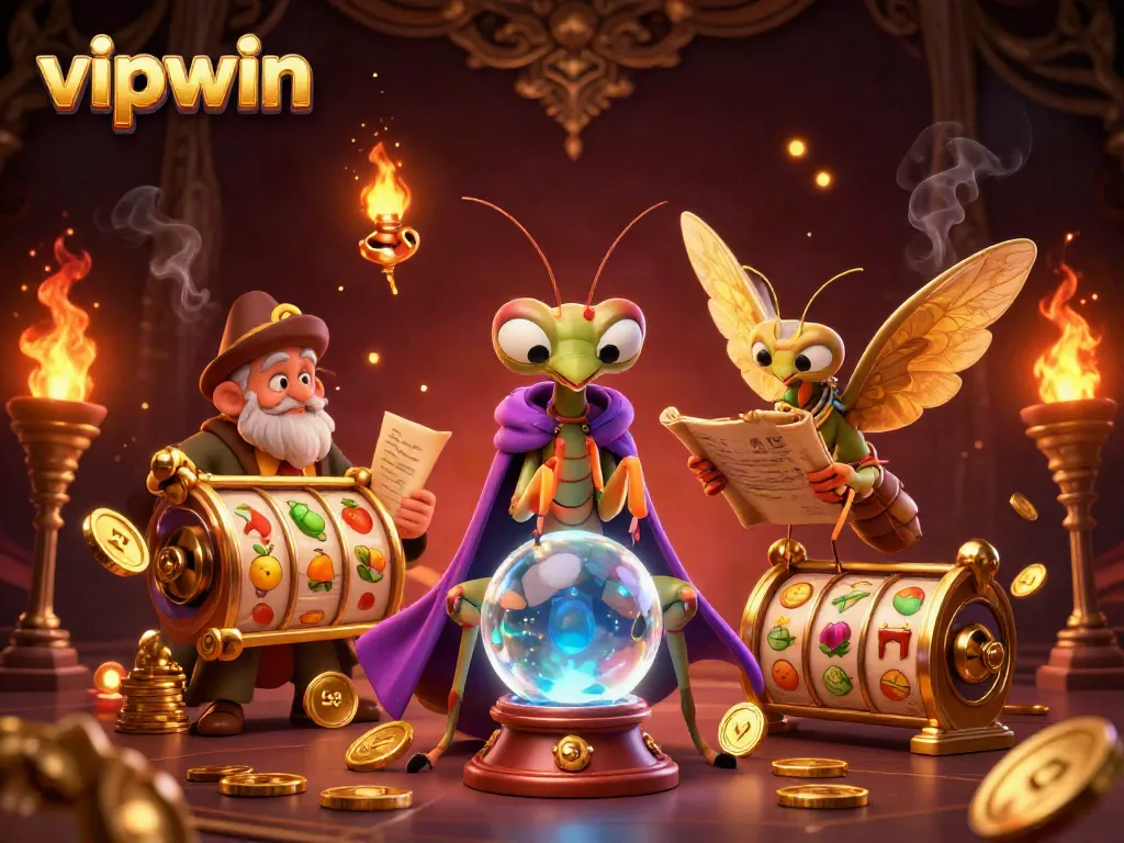 Engage with vipwin's dynamic online casino world featuring spinning reels and fortune teller characters.