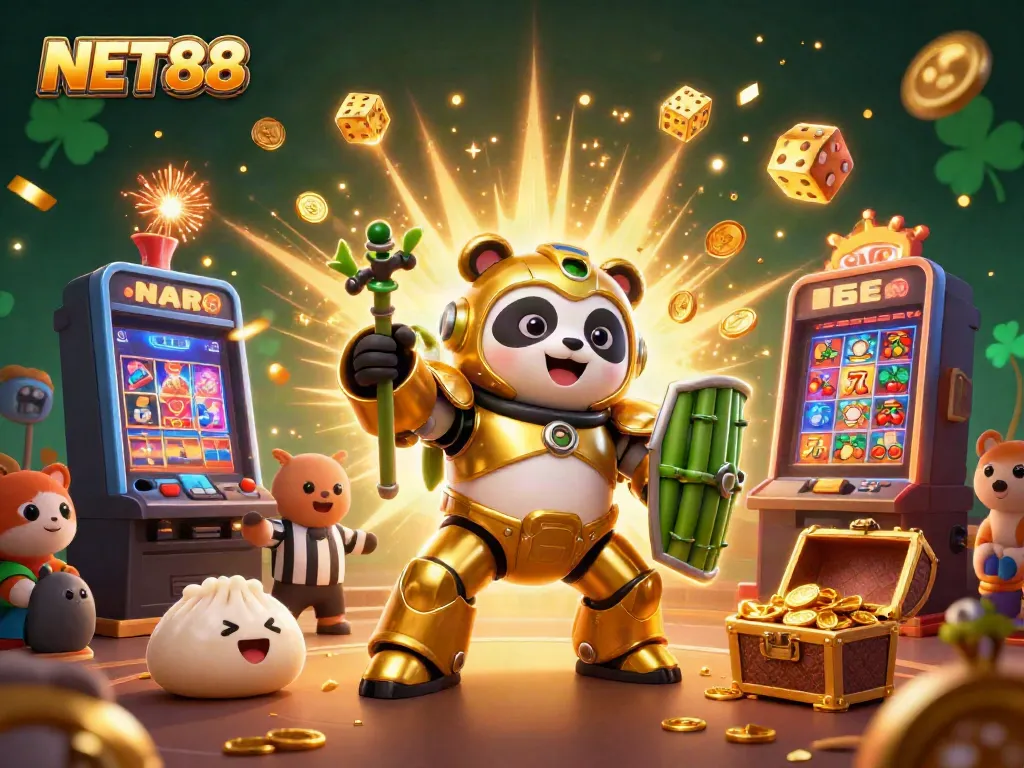 Experience jackpots with NET88's vibrant game atmosphere featuring exciting characters and casino elements.