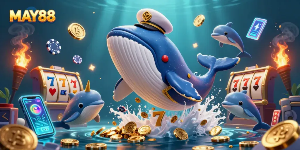 MAY88 engages players with a thrilling jackpot scene of a whale and a narwhal amidst coins and slot reels.