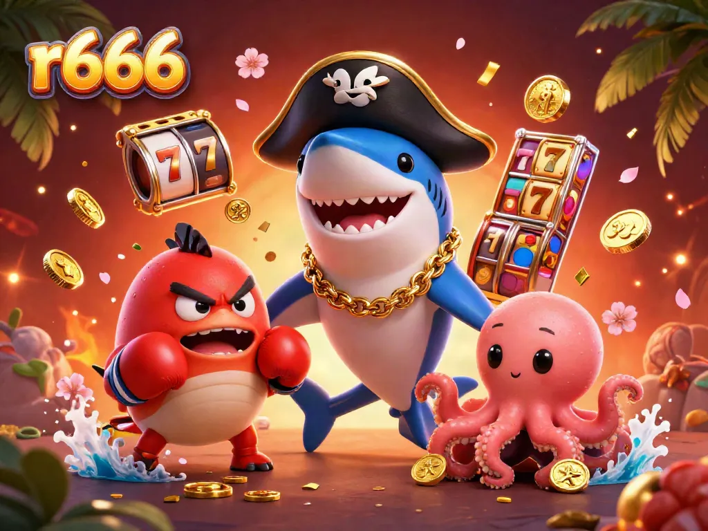 Experience the excitement of r666 with vibrant casino characters celebrating around slot reels and gold coins.