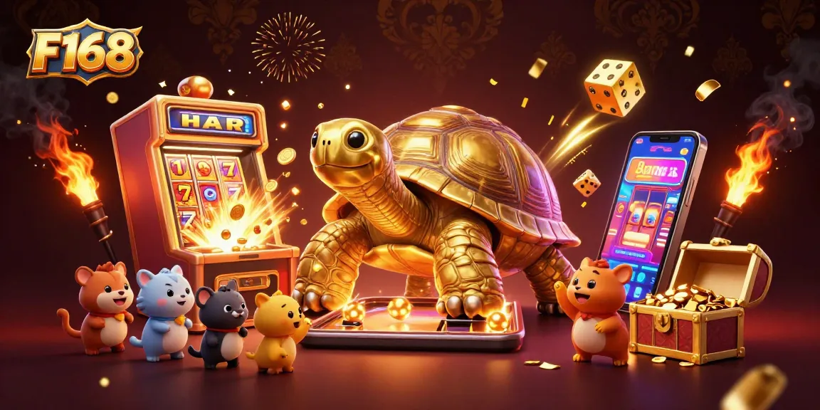 Experience thrilling rewards at F168 with a vibrant 3D illustration of a jackpot and lively casino atmosphere.