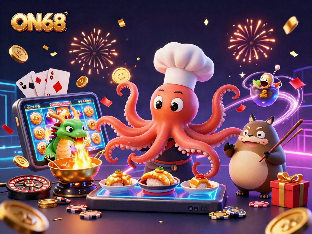 Engage with ON68's vibrant casino illustration featuring a sushi chef octopus, a dragon, and dynamic game elements.