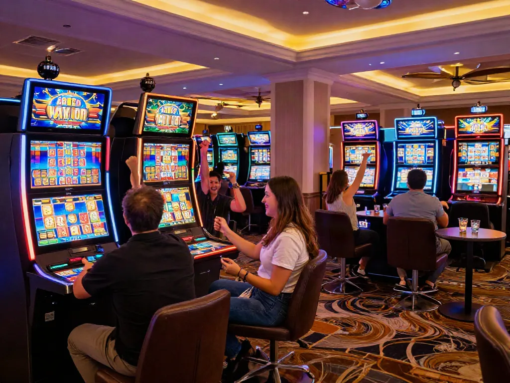 Exciting scene at i24Slots Casino showcasing players winning on vibrant slot machines.