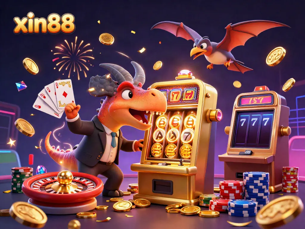 Experience the excitement of xin88 as a cartoon dinosaur wins a jackpot on a slot machine.