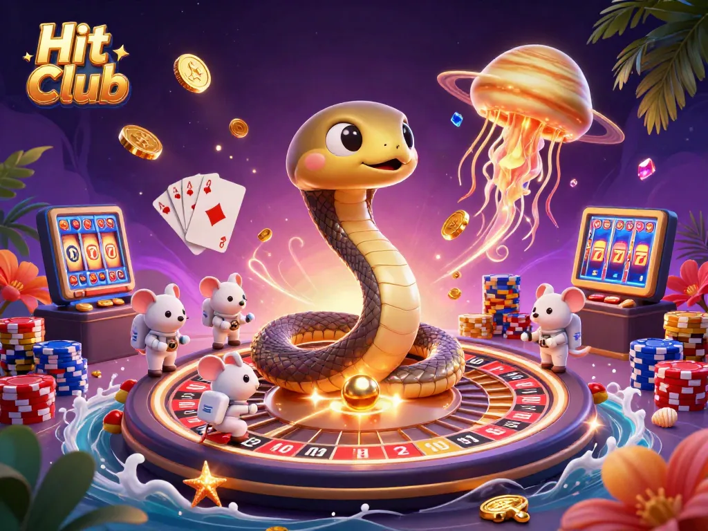 Hit Club casino scene with fiery roulette action and astronaut mice placing bets amidst cosmic fun.