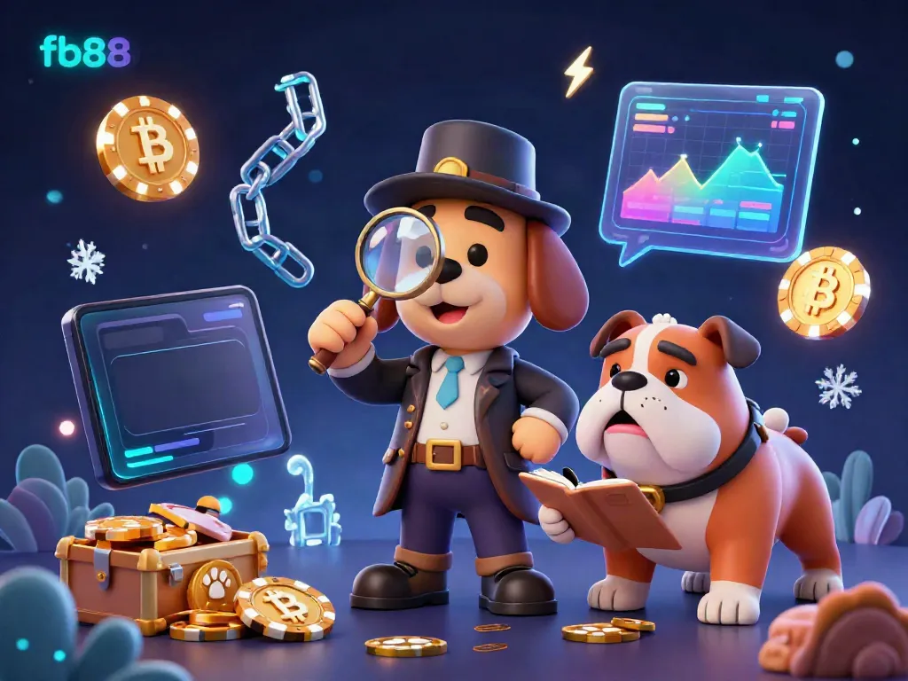Engage with fb88 through an adventurous scene of a detective dog uncovering poker chip clues in a vibrant casino environment.