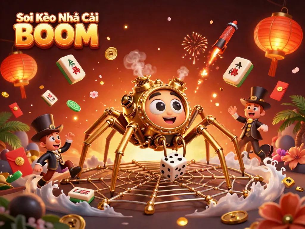Soi Kèo Nhà Cái BOOM showcases a whimsical steampunk spider catching dice in a web, enhancing online gambling excitement