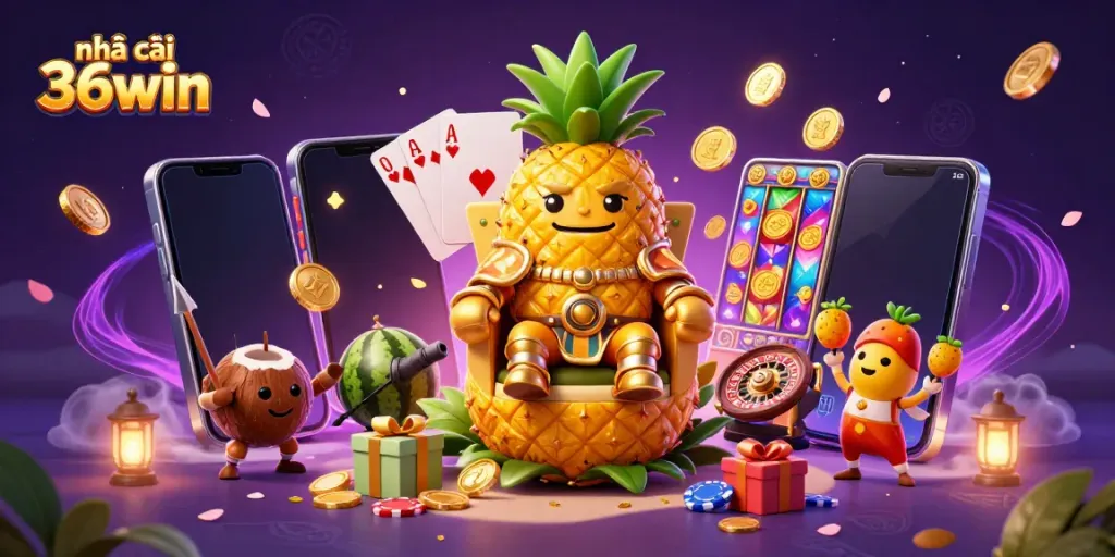 Interact with the vibrant scene featuring Nhà cái 36win illustrated with a golden pineapple king amidst lively gaming elements.