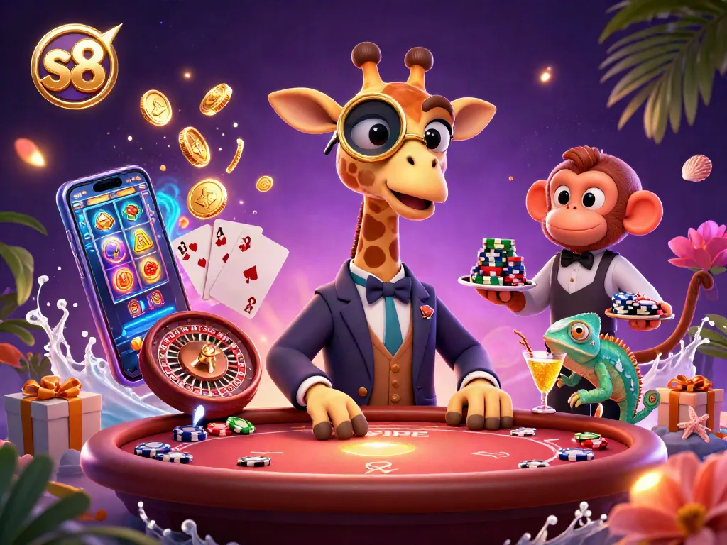 S8 immerses players in a vibrant casino scene with a giraffe high-roller and dynamic game action.