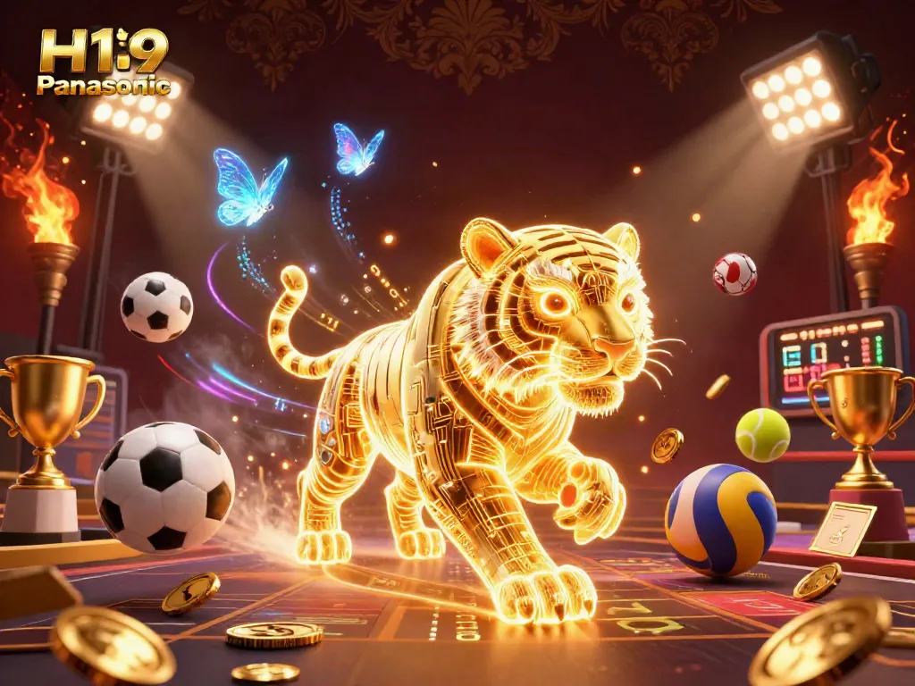 Experience the H19 Panasonic casino scene with a golden tiger and sports elements in motion for thrilling gameplay.
