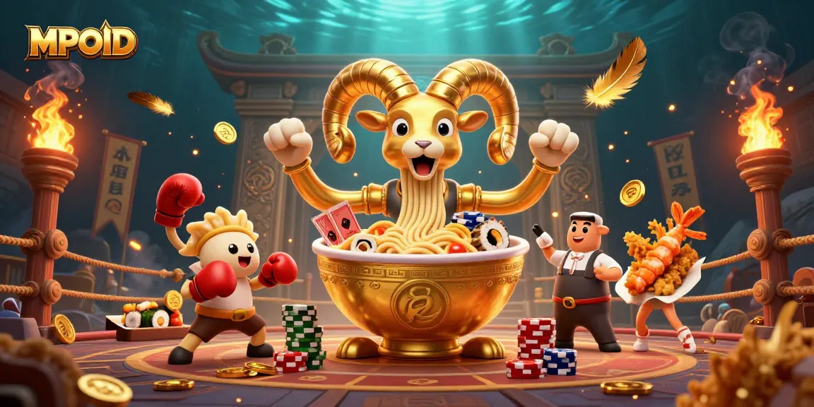MPOID showcases an exhilarating casino scene featuring vibrant characters in action with gold coins and flames.