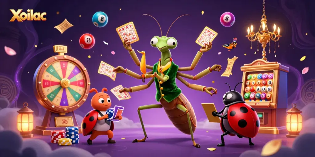 Xoilac brings excitement with a giant mantis dealer, lottery balls, and vibrant casino elements.