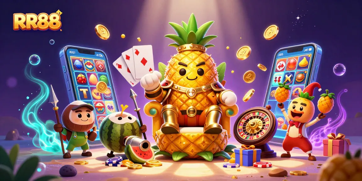 Experience the excitement of RR88 with a vibrant casino scene featuring a pineapple king and playful game elements.