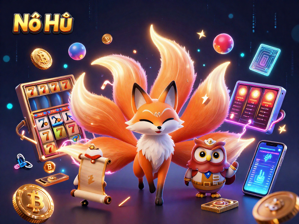 Nổ Hũ showcases a lively casino scene with a nine-tailed fox and magical elements illustrating immersive online gaming.