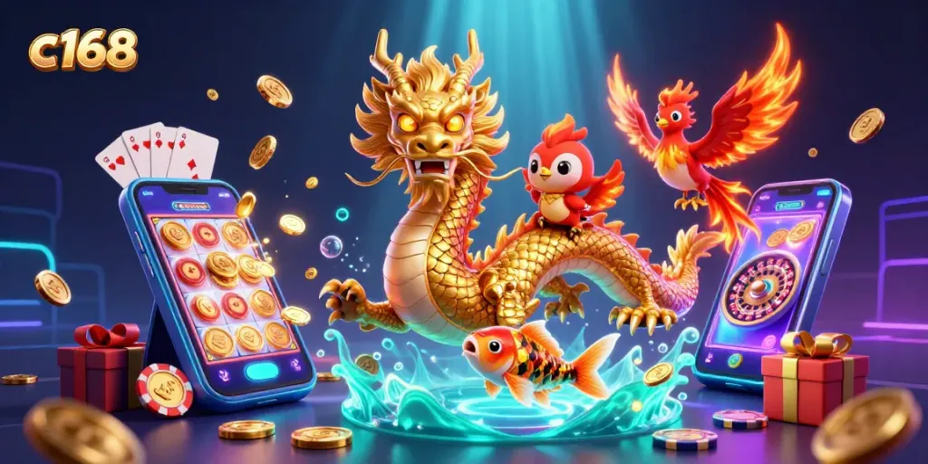 Experience thrilling gameplay with c168's immersive casino art featuring dragons, phoenixes, and luck.