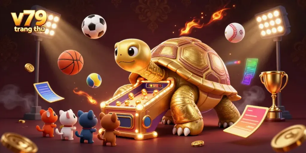 Engage with v79 trang chủ at a vibrant casino scene featuring a colossal tortoise pinball machine and cheering animals.