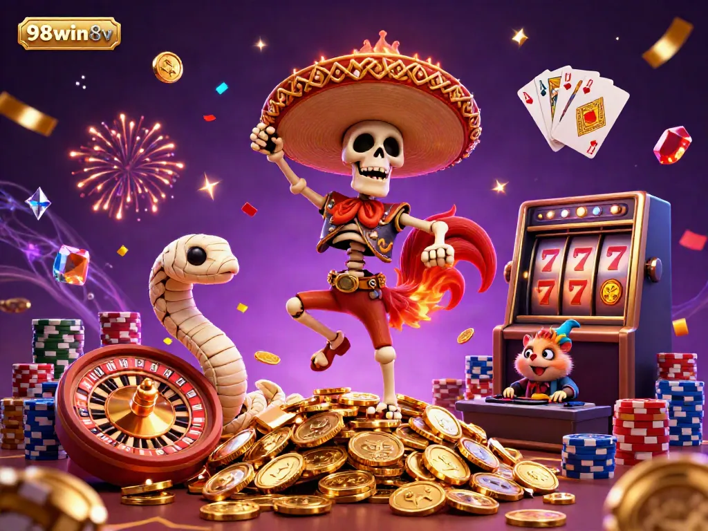 Win big with 98win8v at a lively casino festival featuring vibrant characters and dazzling games.