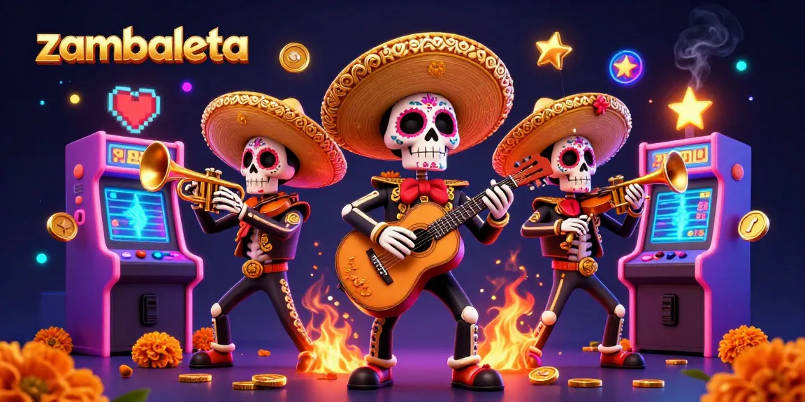 Zambaleta banner featuring a colorful Dia de los Muertos mariachi band playing amidst vibrant casino-themed arcade elements.