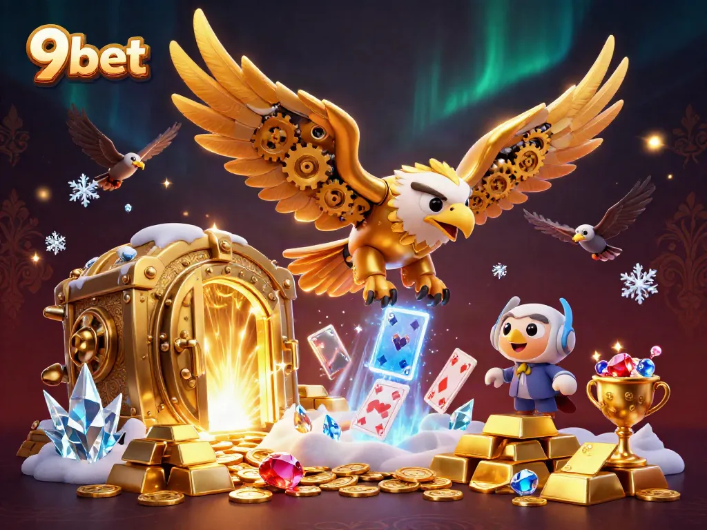 Engage in thrilling gaming adventures with 9bet, featuring a dynamic cybernetic eagle amidst glamorous casino treasures.